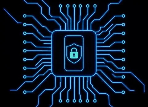 Digital cybersecurity concept with glowing blue circuit board and lock icon Stock Illustration