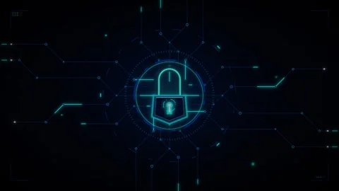 Digital cybersecurity concept with glowing padlock and data network hud int.. Stock Footage 337559783