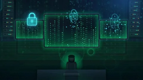 Digital Cybersecurity Concept with Glowing Padlocks and Data Streams on Stock Footage 341819215