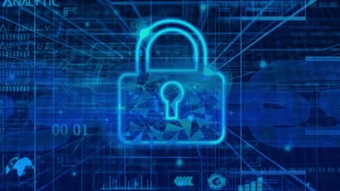 Digital cybersecurity concept with a padlock icon on a animated blue binary.. Stock Footage 259768758