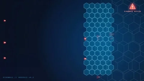 Digital Cybersecurity Firewall Interface with Hexagonal Grid and Red Alert 库存影片 343163100