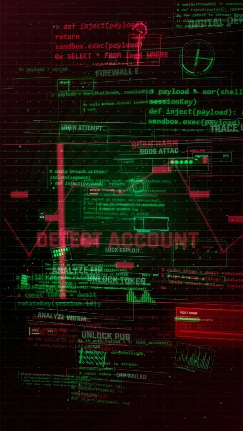 Digital Cybersecurity HUD Interface with Hacking Code and Data Scan Stockbeeldmateriaal 335574475