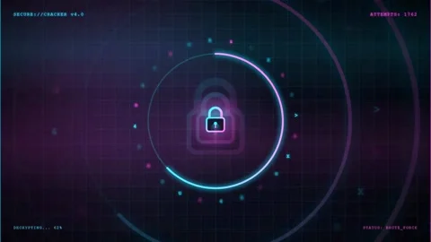 Digital Cybersecurity Interface with Animated Lock Icon and Futuristic HUD Data Stock Footage 341829915