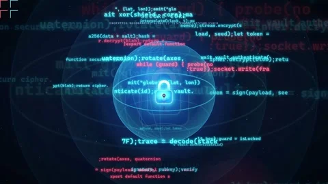 Digital Cybersecurity Interface with Glowing Blue Lock Icon and Scrolling Stock Footage 343165026