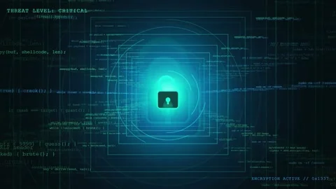 Digital Cybersecurity Interface with Glowing Lock Icon and Scrolling Computer Stock Footage 343161899