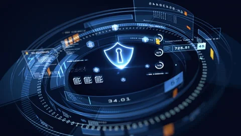 Digital cybersecurity interface with a protective shield icon, Stock Footage 273282439