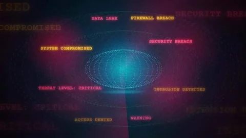 Digital Cybersecurity Interface with Warning Alerts and Data Breach Stock Footage 343160004