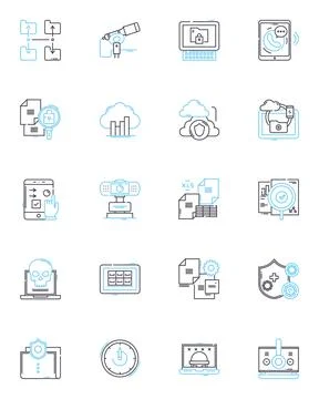 Digital Cybersecurity linear icons set. Encryption, Firewall, Malware, Passwords Illustrazione stock