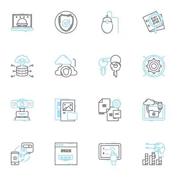 Digital Cybersecurity linear icons set. Encryption, Firewall, Malware, Passwords Stock Illustration