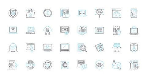 Digital Cybersecurity linear icons set. Encryption, Firewall, Malware, Passwords Stock Illustration