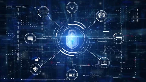 Digital Cybersecurity Lock Interface with Connected Icons Futuristic Background Stock Footage 315387044
