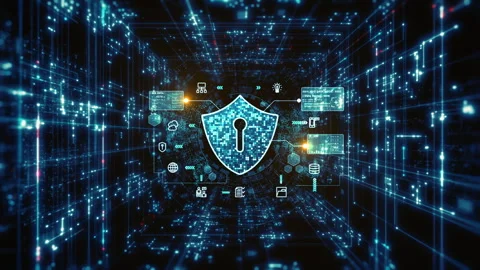 Digital cybersecurity shield with data icons and network analytics Video stock 313169090