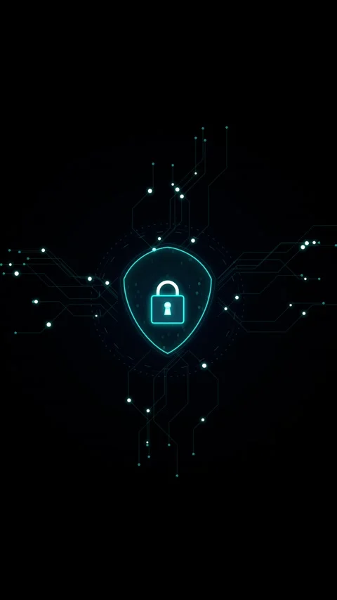 Digital cybersecurity shield with padlock icon floating over neon circuit b.. Vidéo 344572923