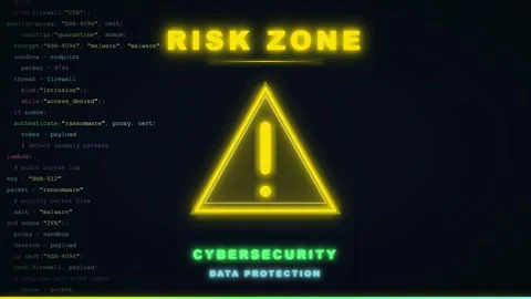Digital Cybersecurity Warning Sign with Risk Zone Alert and Scrolling Computer 스톡 동영상 345766184