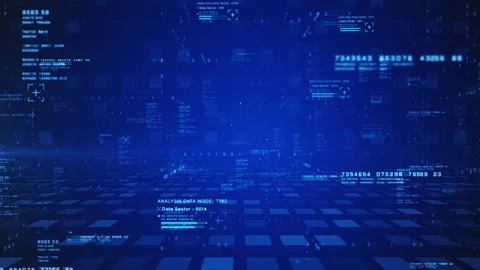 Digital cyberspace with data codes, analysis nodes, and a glowing blue tech. Video stock 320031329
