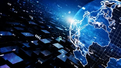 Digital cyberspace geometric background with particles, Digital data network Stock Footage 122307766