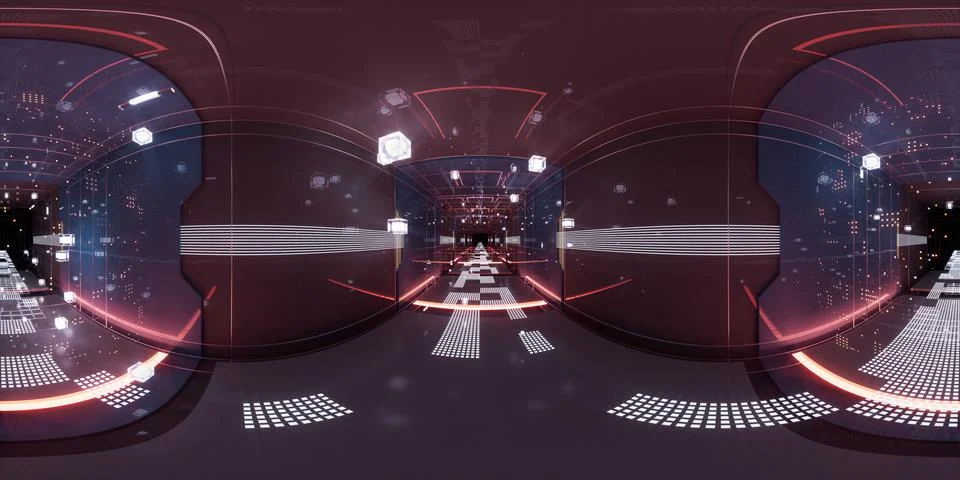 Digital cyberspace, sci-fi concept tunnel, 3d rendering. 360-degree seamless  Ilustración de archivo