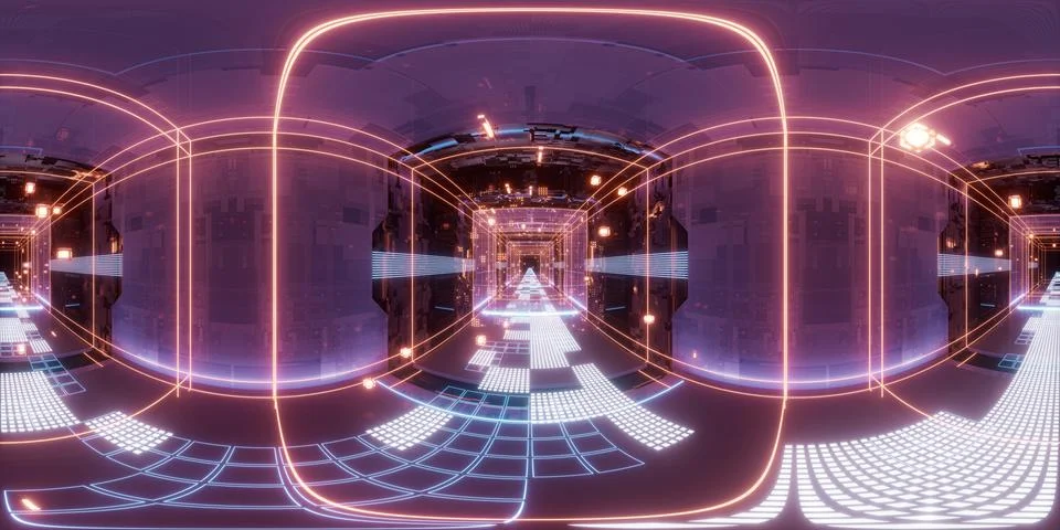 Digital cyberspace, sci-fi concept tunnel, 3d rendering. 360-degree seamless  库存插图
