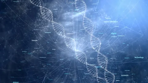 Digital cyberspace word cloud with dna chains animation Stock Footage 318463968