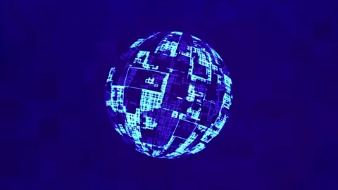 Digital cyberspace world spinning animation, animated digital futuristic planet Stock Footage 303051926