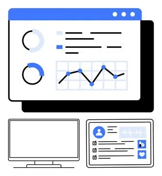 Digital Dashboard with Analytics, Medical Data, and Computer Interface 스톡 일러스트