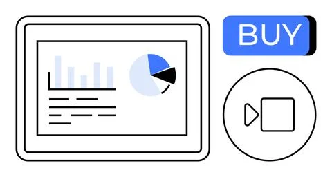 Digital dashboard with bar chart and pie chart, accompanied by a blue buy but 스톡 일러스트