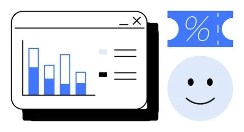 Digital Dashboard with Bar Chart, Discount Coupon, and happy Face for Data .. Illustrazione stock