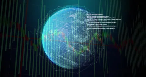 On digital dashboard boot globe rotating with network lines and scrolling code Stock Footage 312467107