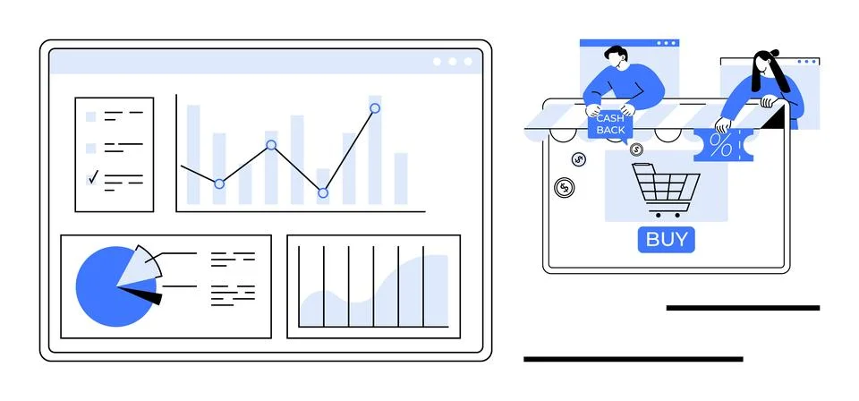 Digital dashboard with charts and graphs illustrating e-commerce sales and .. Stock Illustration