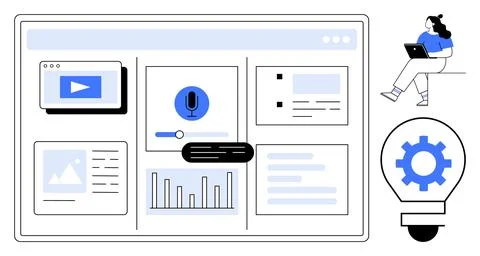 Digital dashboard with charts, graphs, video, and voice assistant. Person usi Stock Illustration