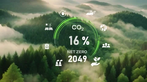 Digital dashboard of CO2 level gauge percentage drop down to 0. Net Zero. Stock Footage 265086666