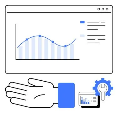 Digital Dashboard with Data Analytics Chart, Hand Gesture, Tablet, and Gear.. Illustrazione stock