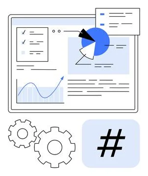 Digital Dashboard with Data Charts, Gear Icons, and metadata tag Symbol in .. Stock Illustration