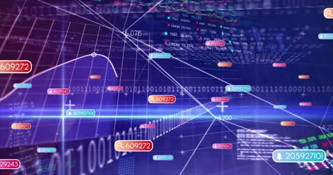 Digital dashboard displaying curved graph moving across gradient grid, Stock Footage 307465001