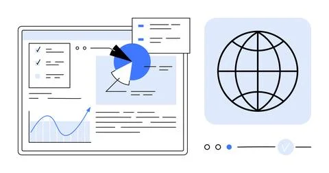 Digital dashboard displaying data analysis elements including bar graphs, pie Stock Illustration