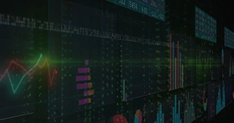 Digital dashboard displaying multiple charts with ticker panels over binary Vidéo 307434233