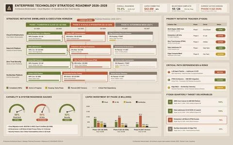Digital dashboard displaying strategic technology initiatives, project timeli Stock Illustration