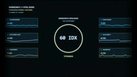 Digital dashboard displays Democracy Vital Signs with a live system index Stock Footage 344024746
