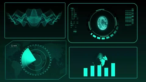 Digital dashboard displays waveform, fingerprint scan, radar, and bar chart.. Stock Footage 337368661