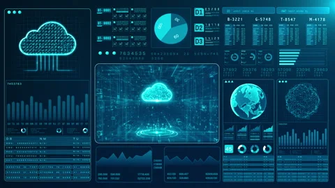 Digital dashboard featuring data with charts, graphs, and cloud integration. Vídeo Stock 286069595