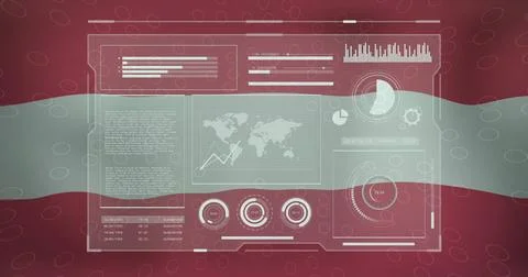 Digital dashboard with graphs and world map image over flag of Austria イラスト素材