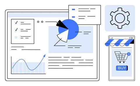A digital dashboard includes graphs, pie chart, checklist, settings gear, and Stock Illustration
