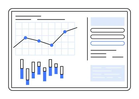 A digital dashboard with line and bar charts, data points, and interface elem Stock Illustration