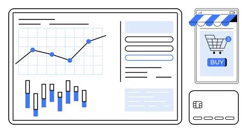 Digital dashboard with line and bar graphs. Mobile shopping app screen with c イラスト素材
