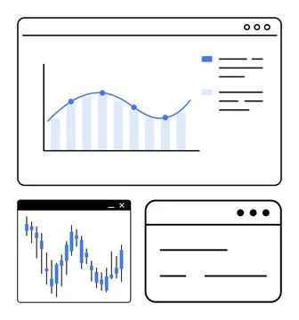 Digital Dashboard with Line and Bar Graphs for Data Analysis in Three Web イラスト素材