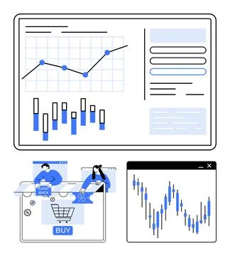 Digital dashboard with line graph, bar chart, financial data, and online shop Ilustración de archivo