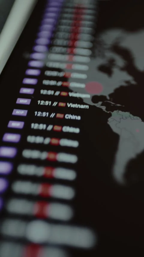 Digital dashboard mapping global data related to recent cyberattacks, live data Stock Footage 328356461