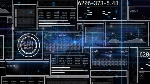 Digital dashboard pulsing, central blue node sweeping panels, refreshing dial 스톡 동영상 331125247