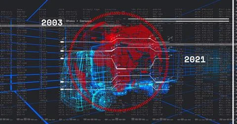 Digital dashboard showing red globe with blue wireframe vehicle, data columns, 스톡 일러스트