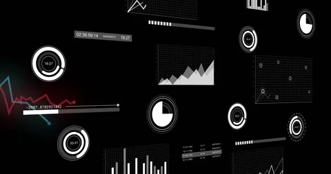 Digital dashboard starting on black screen updating timers, graphs and gauges Stock Footage 312905254